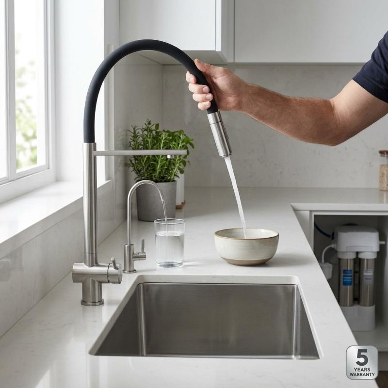 Pure.Sink Elite Steel Flex 3-weg RVS keukenkraan met flexibele uitloop en Gefilterd Water PS8110-02